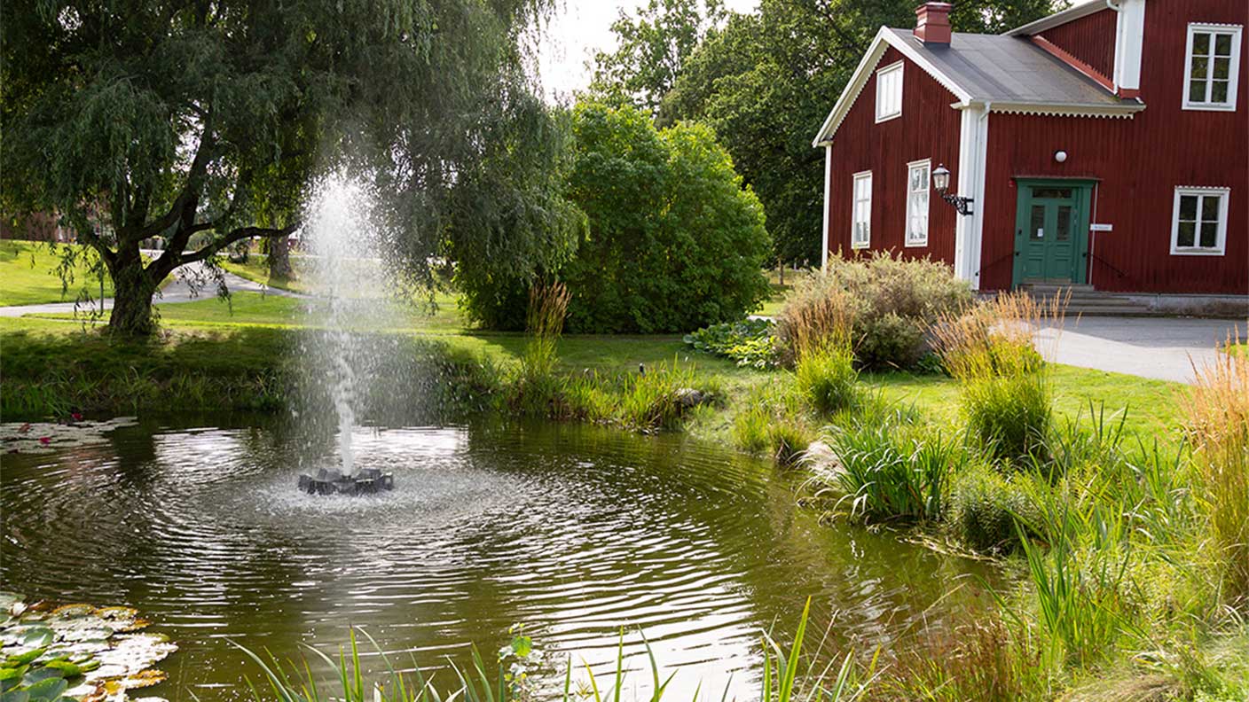 Fontän sprutar i liten damm i lummig miljö med rött trähus.