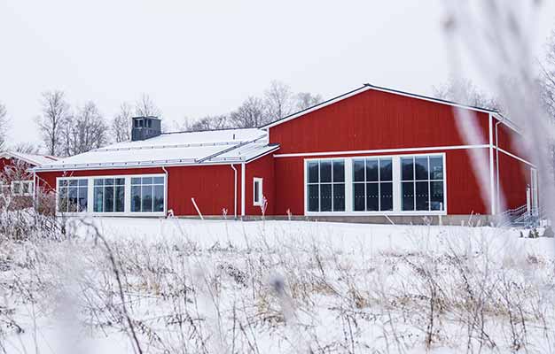 Danshuset syns i ett vitt och snöigt vinterlandskap. I förgrunden syns några kala buskar. Danshuset består av tre byggnader som är sammankopplade; alla med röd fasad och vita knutar. Huset har stora breda fönster som upptar större delen av de gavlar som syns på bilden.